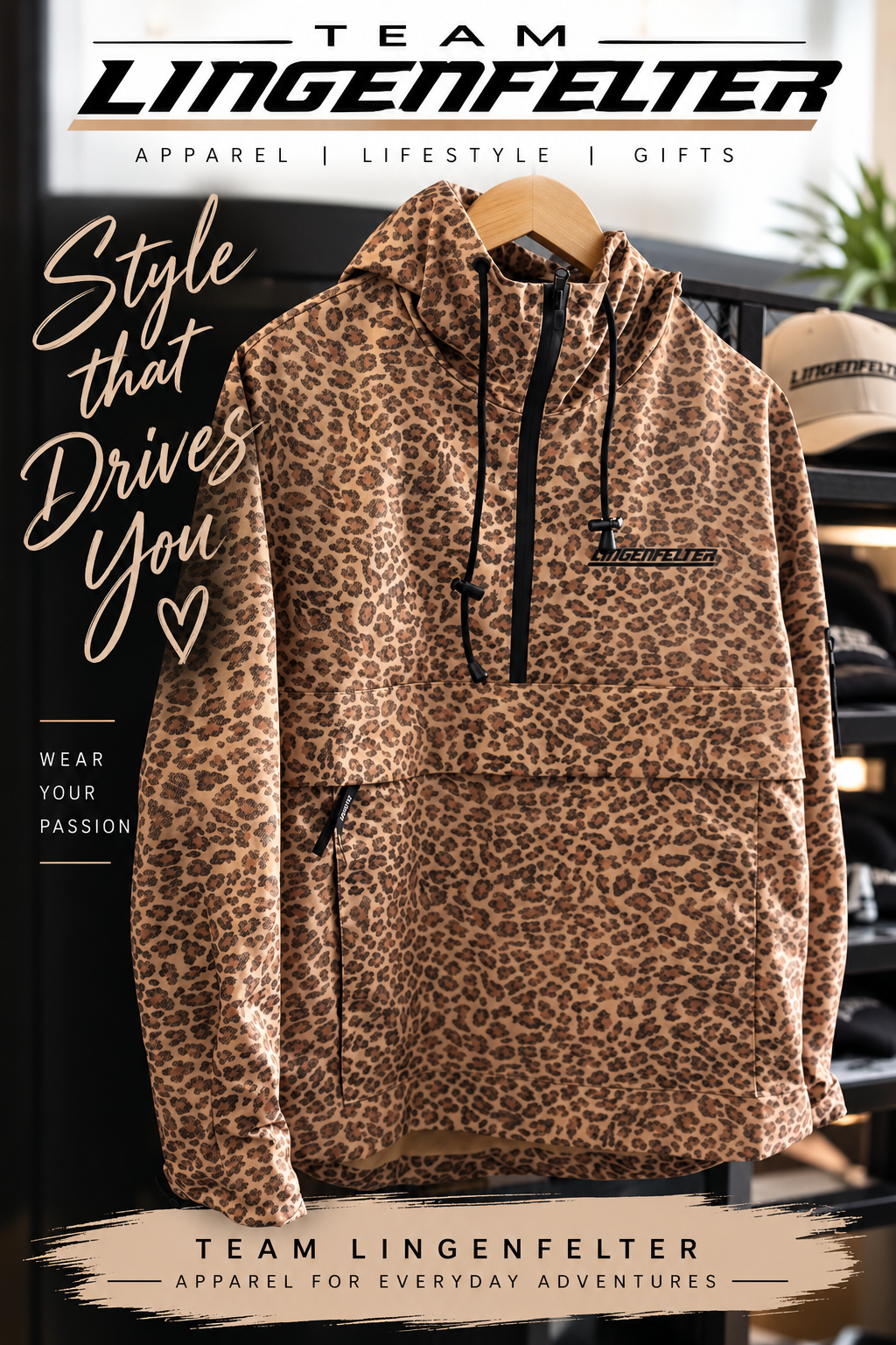 A leopard-print pullover hoodie displayed on a wooden hanger in a retail setting, with Team Lingenfelter branding and promotional text overlaid on the image.