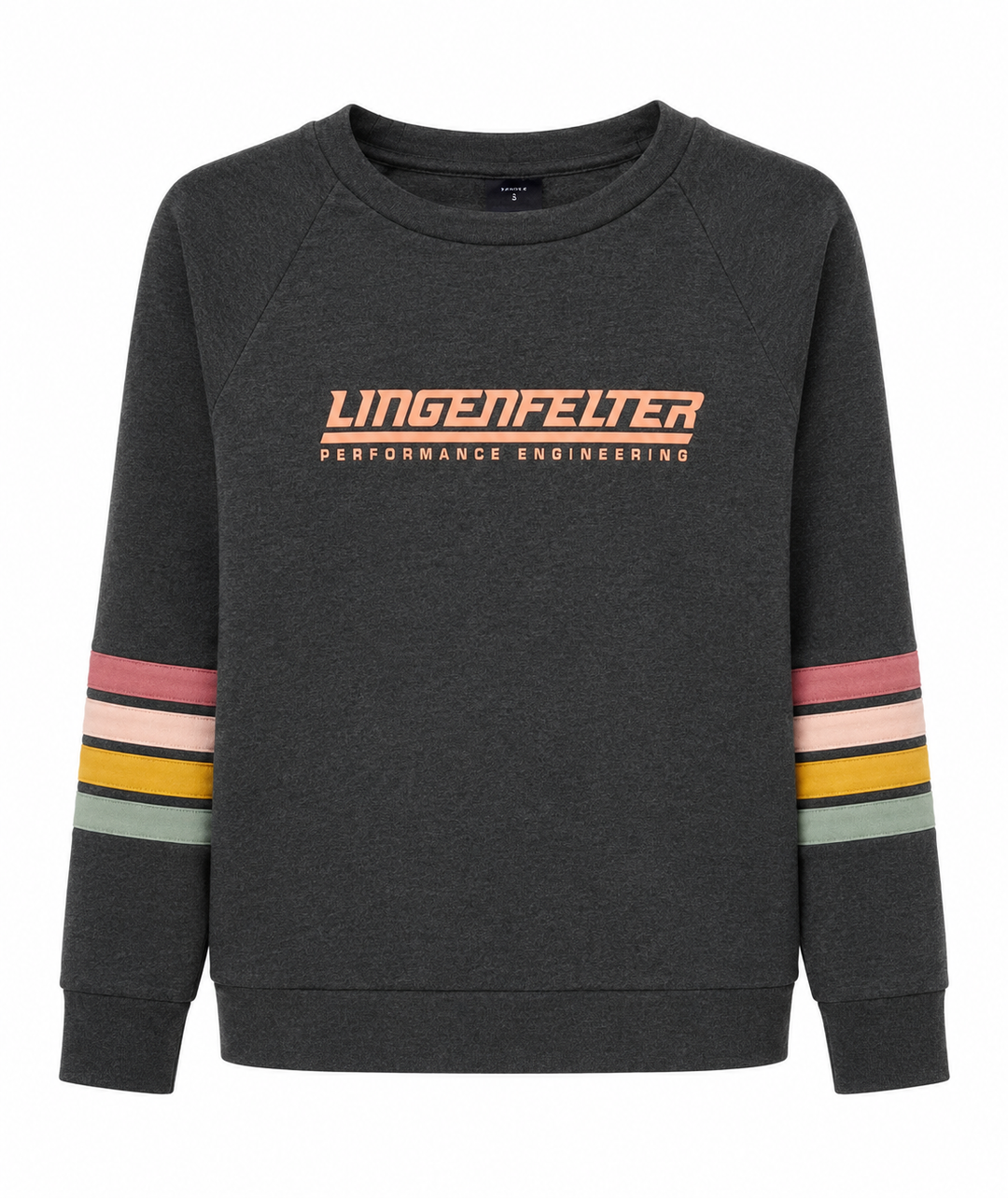 A dark gray heather crewneck sweatshirt with 'LINGENFELTER PERFORMANCE ENGINEERING' printed in orange across the chest, and multi-colored stripes in pink, light pink, yellow, and green on the sleeves.