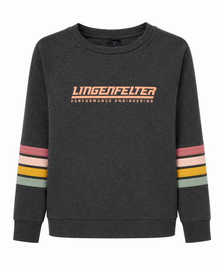 A dark gray heather crewneck sweatshirt with 'LINGENFELTER PERFORMANCE ENGINEERING' printed in orange across the chest, and multi-colored stripes in pink, light pink, yellow, and green on the sleeves.