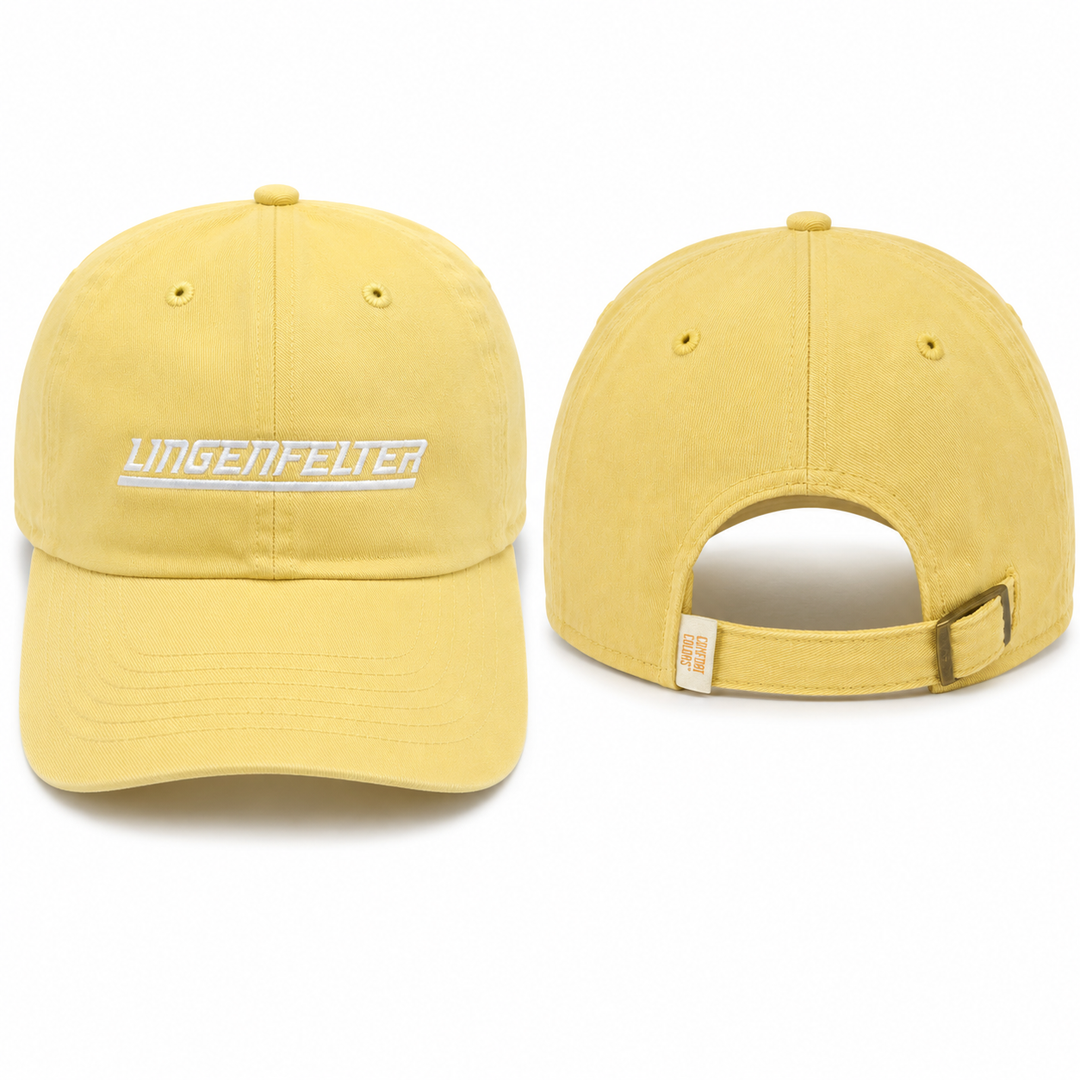 A yellow baseball cap shown from the front and back on a white background. The front features the brand name 'LINGENFELTER' embroidered in white with a black outline.