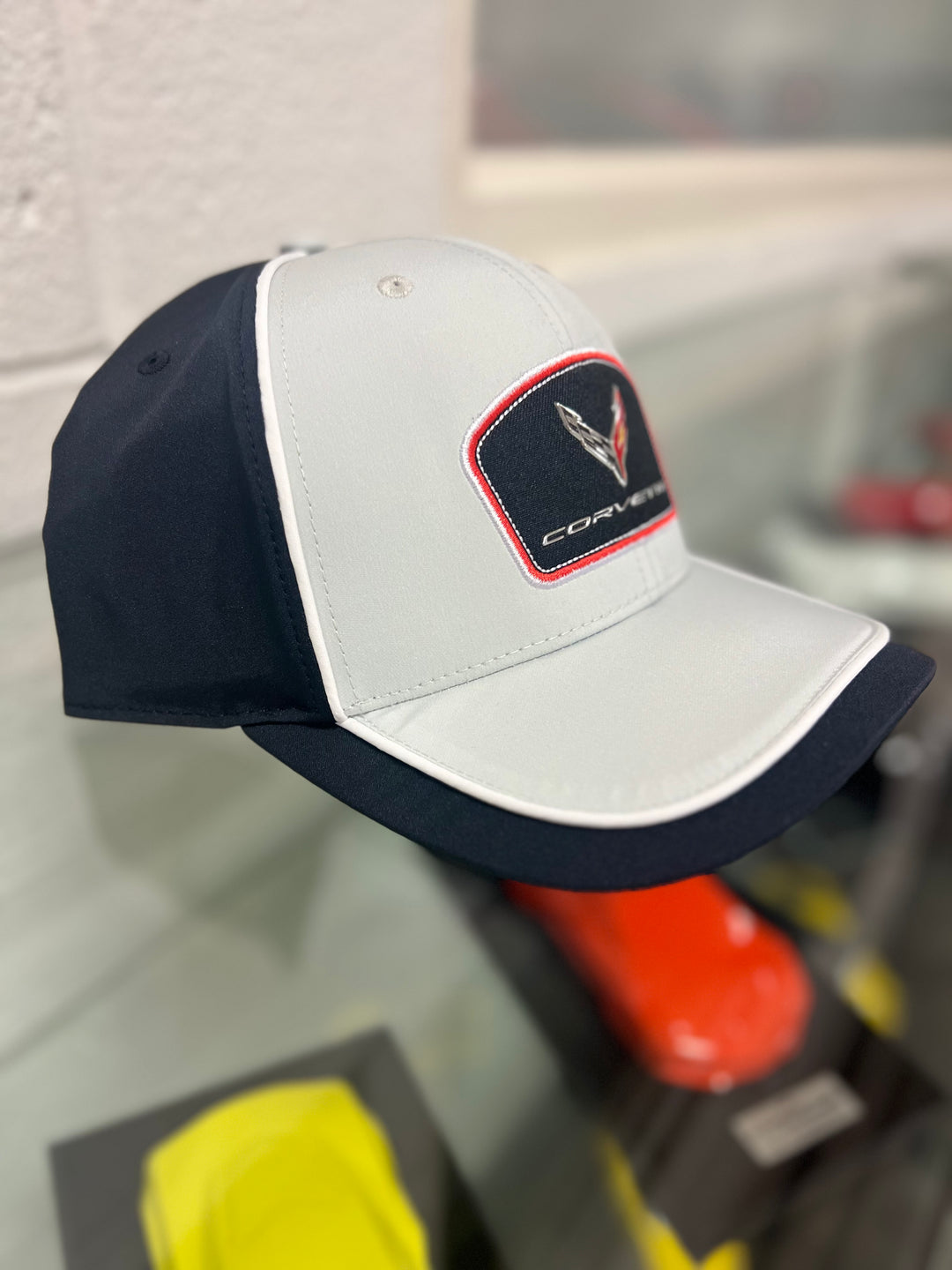 Side profile of Lingenfelter Race Gear C8 Corvette twill performance hat with embroidered Corvette emblem.