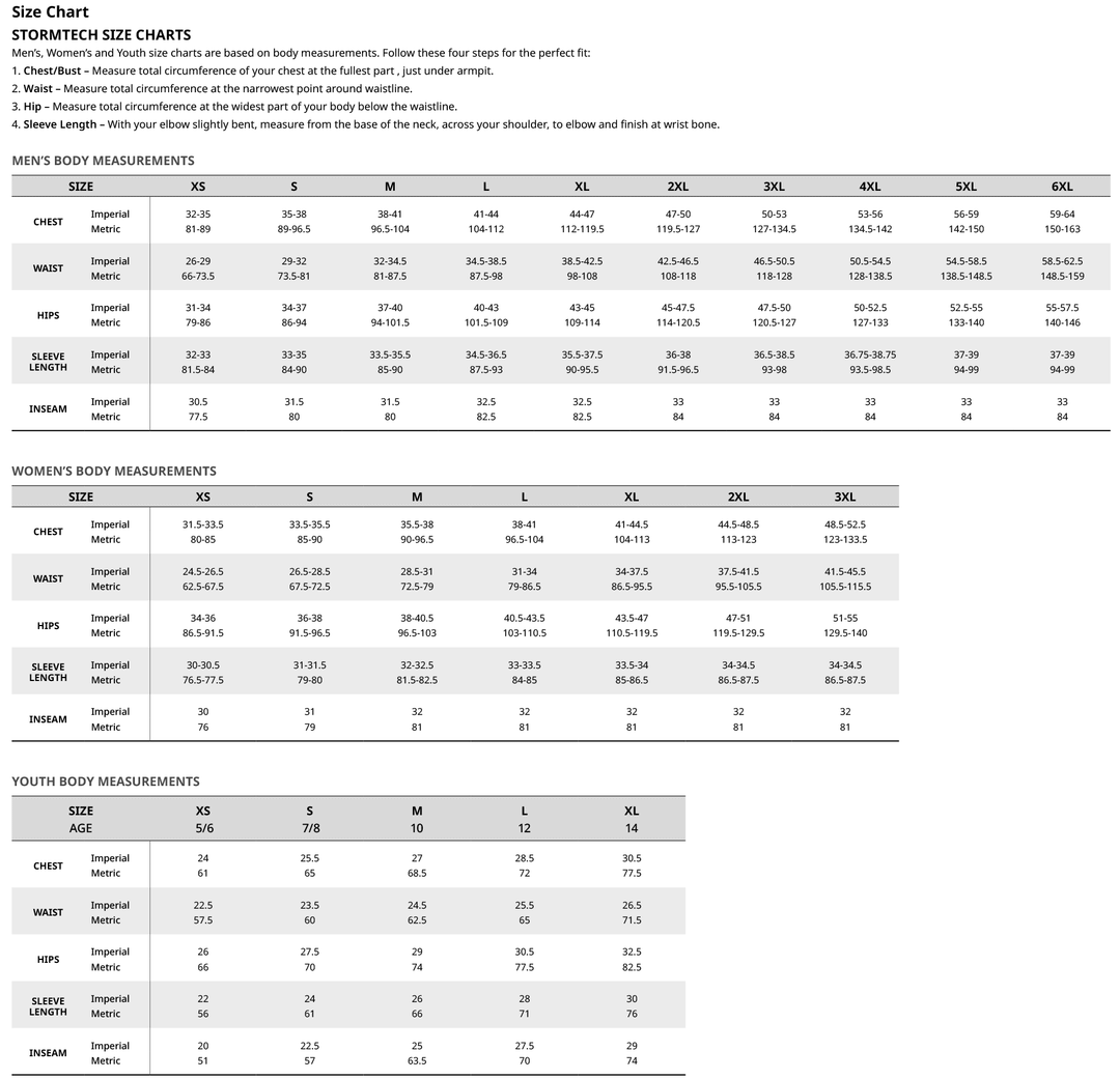 Stormtech size chart