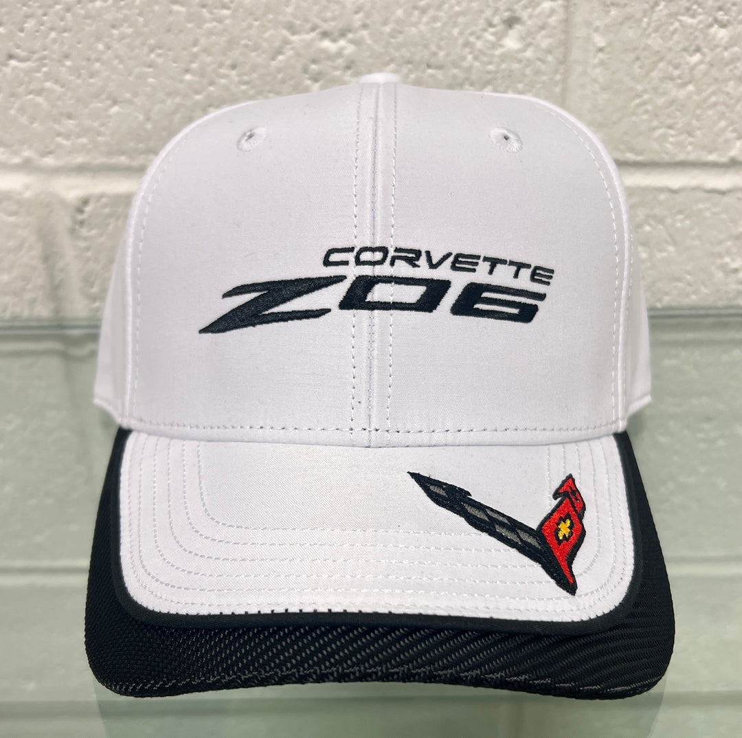 White Corvette Z06 cap with black text and logo on a white background