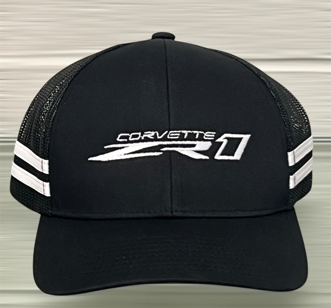 Black ZR1 Corvette mesh hat by Lingenfelter Race Gear featuring embroidered Corvette logo and adjustable strap.