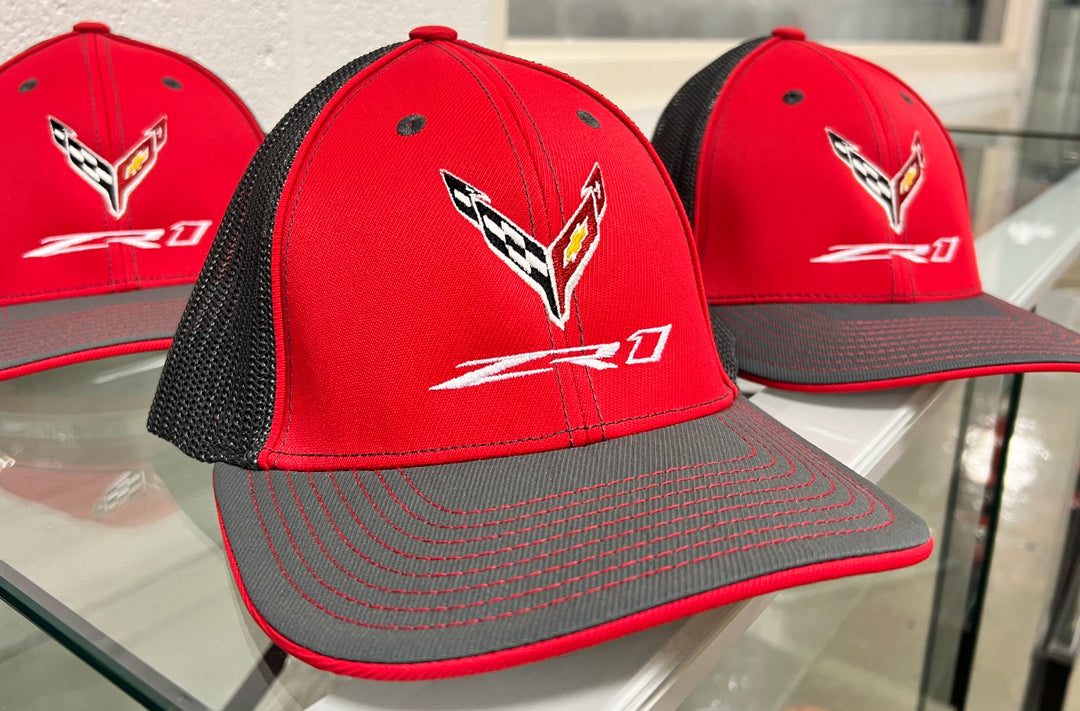 Red and graphite ZR1 Corvette Flexfit Trucker Cap by Team Lingenfelter, featuring a curved brim and adjustable fit.