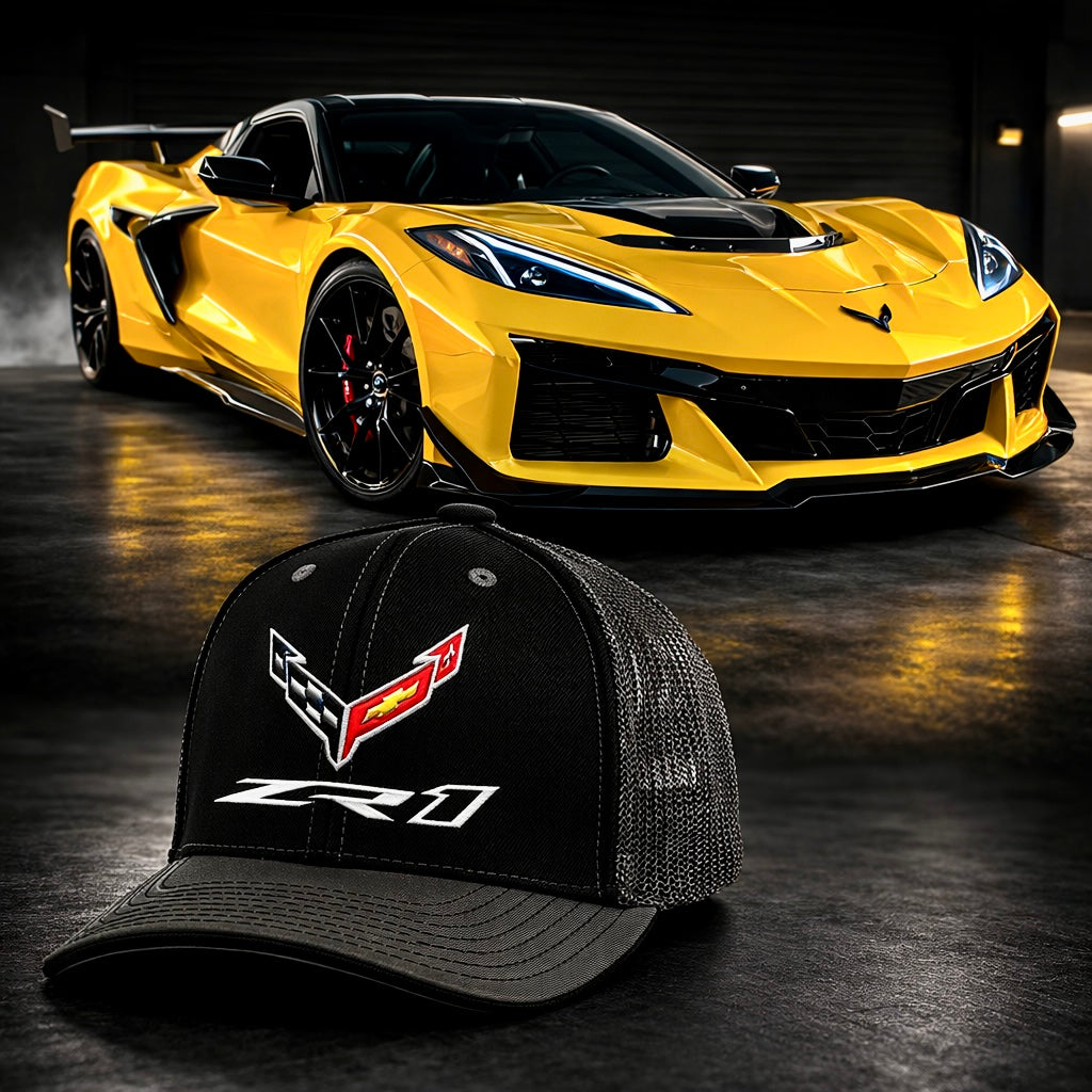 Black and graphite ZR1 Corvette Flexfit Trucker Hat by Team Lingenfelter with mesh back and embroidered logo.