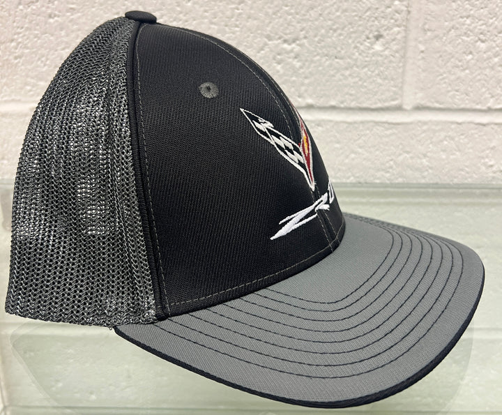 Team Lingenfelter ZR1 Corvette black and graphite Flexfit trucker hat with embroidered logo, casual headwear for Corvette fans.