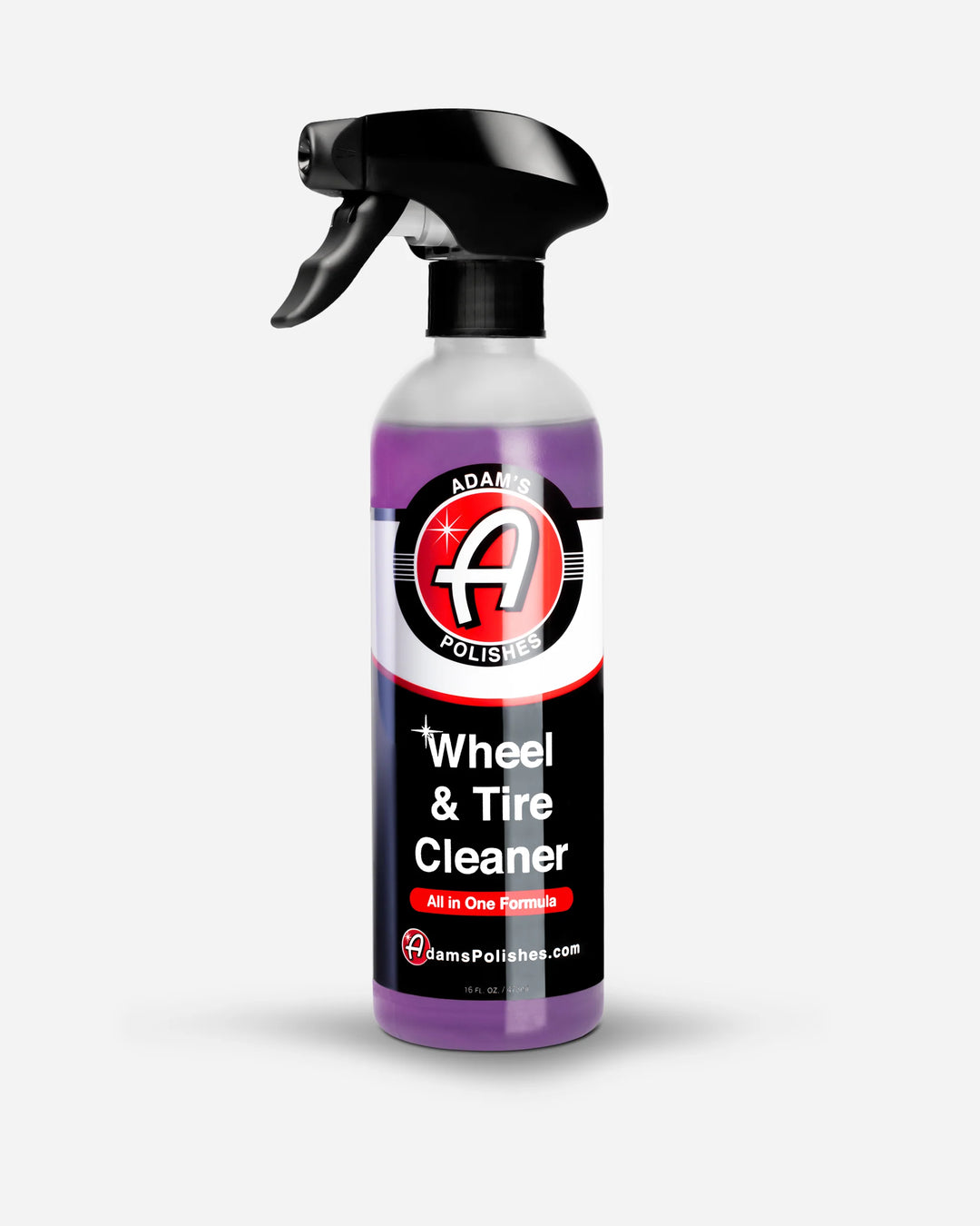 A bottle of Adams Automotive Wheel & Tire Cleaner with a black spray trigger top and a purple liquid visible through the clear bottle, set against a light gray background.