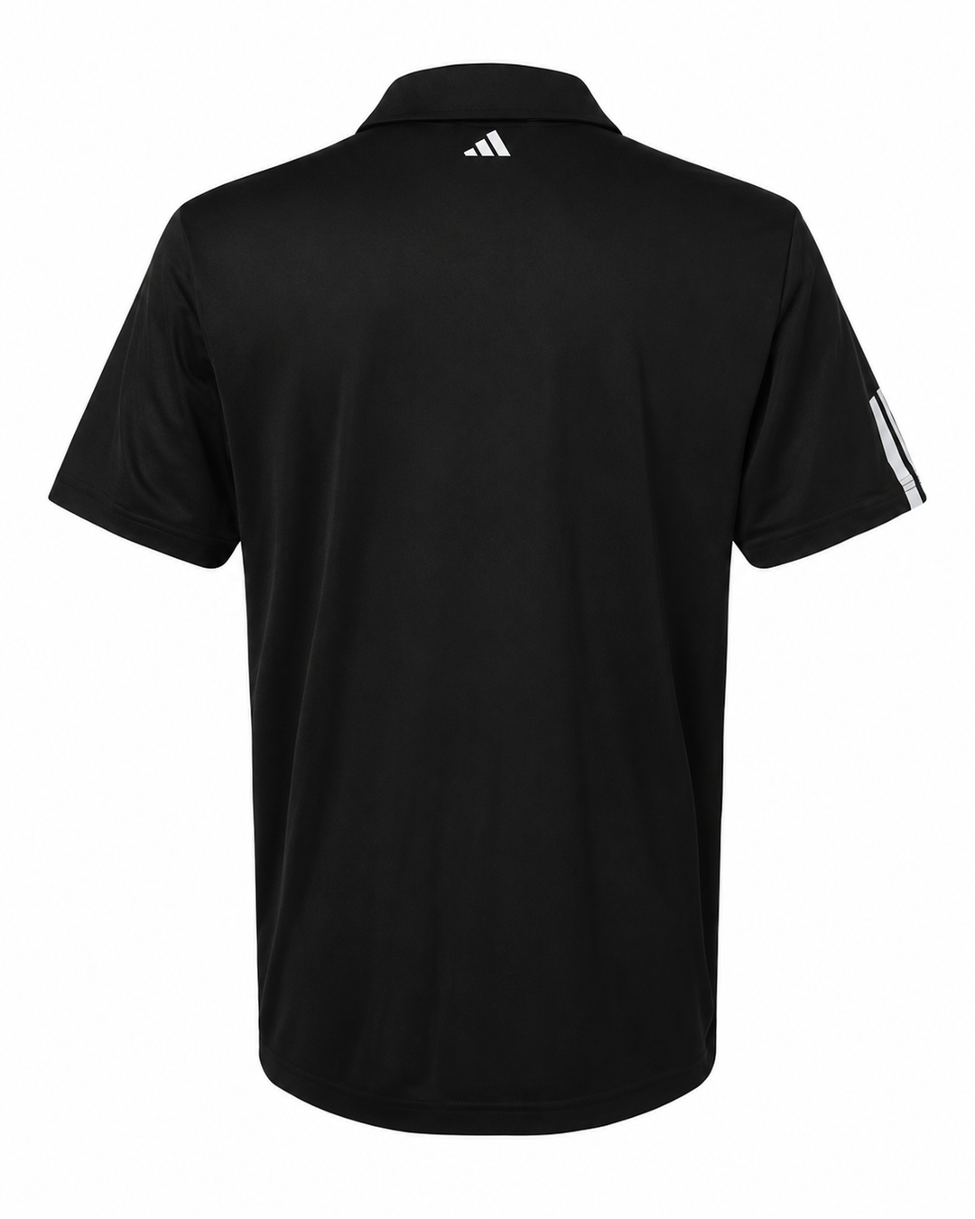Black short-sleeve polo shirt shown from the back, featuring a white Adidas logo on the collar and white stripes on the sleeve, set against a plain white background.
