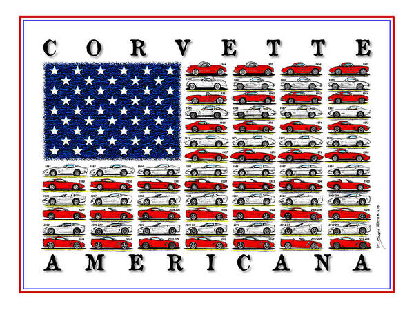 Corvette Americana poster with American flag design and car illustrations.