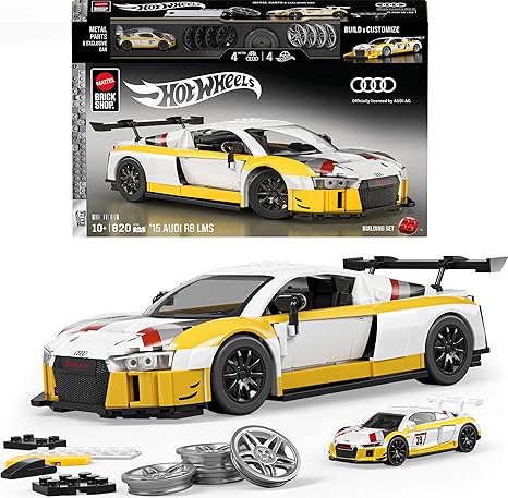Hot Wheels Audi R8 LMS building set with packaging and components displayed.