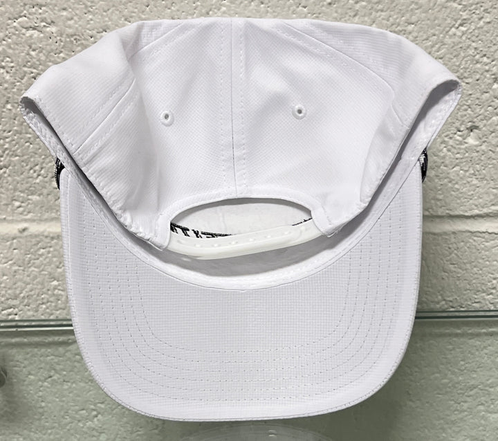 White cap with black text on a light gray background