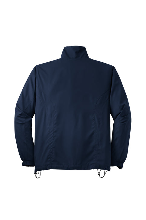 A dark navy blue lightweight jacket with a stand-up collar and adjustable drawstring hem, shown from the back on a plain white background.