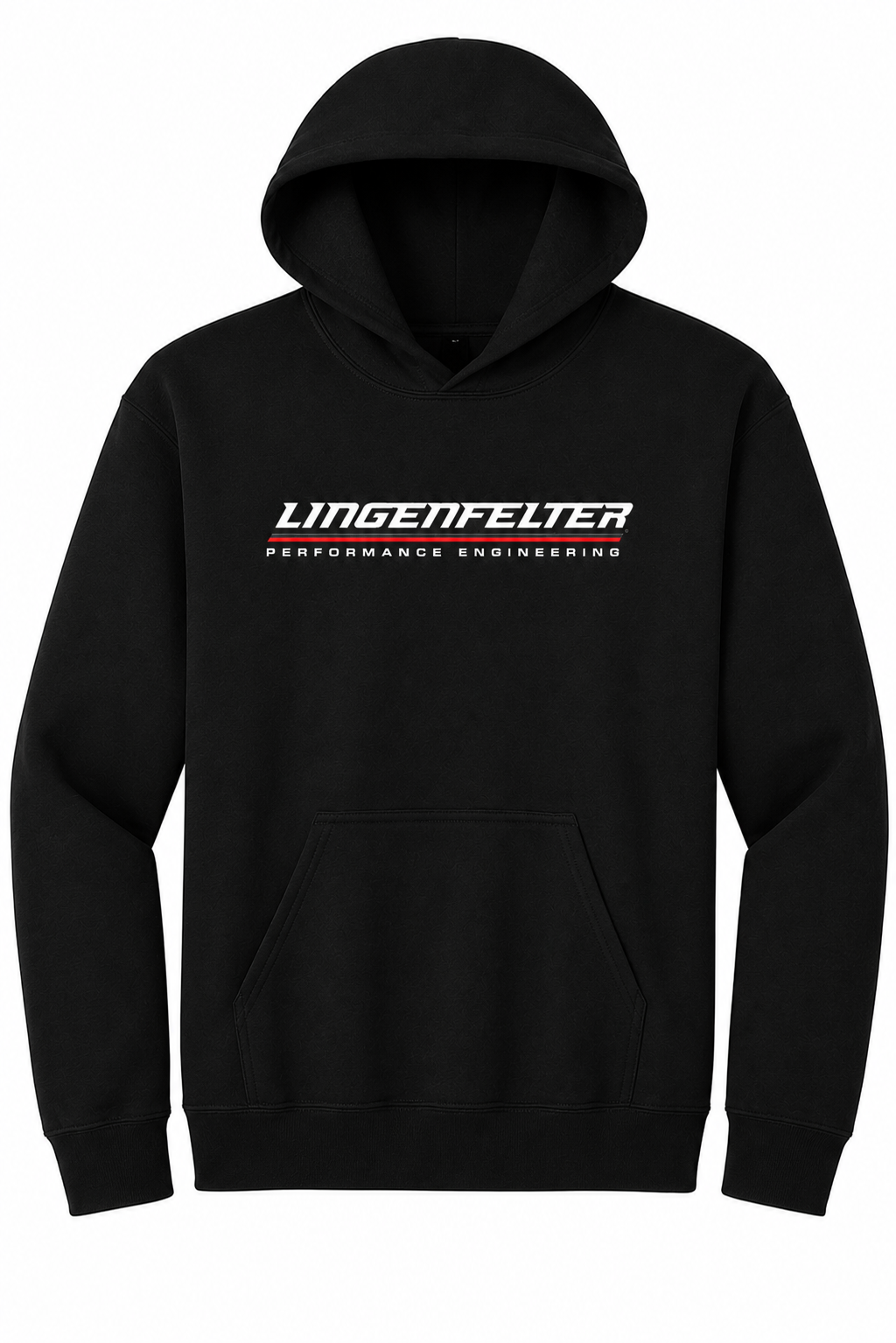 black lingenfelter performance engineering hoodie with red and white logo