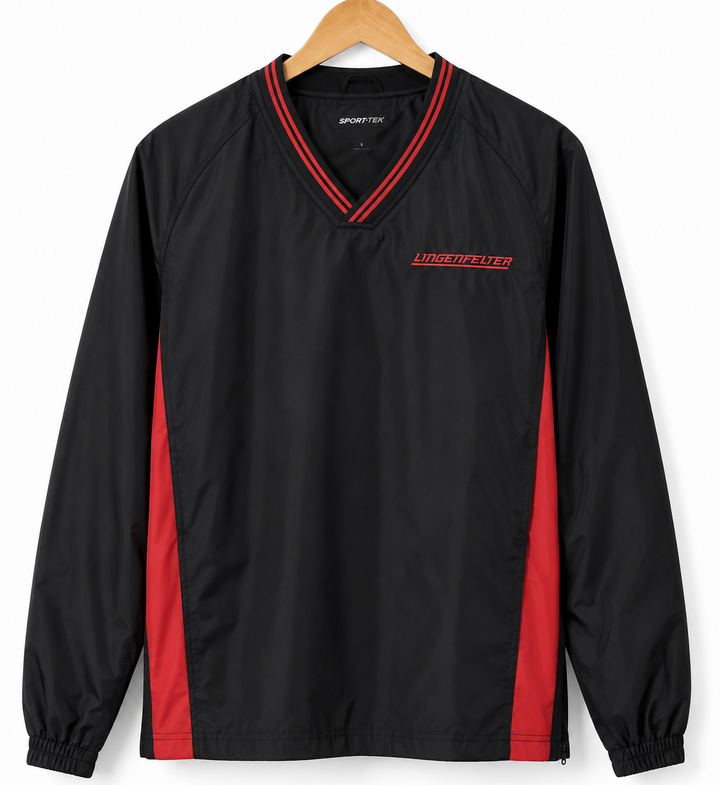 A black long-sleeve athletic pullover jacket with red side panels and red striped trim on the V-neck collar, hanging on a wooden hanger against a white background. The brand 'Lightfaster' is printed on the left chest.