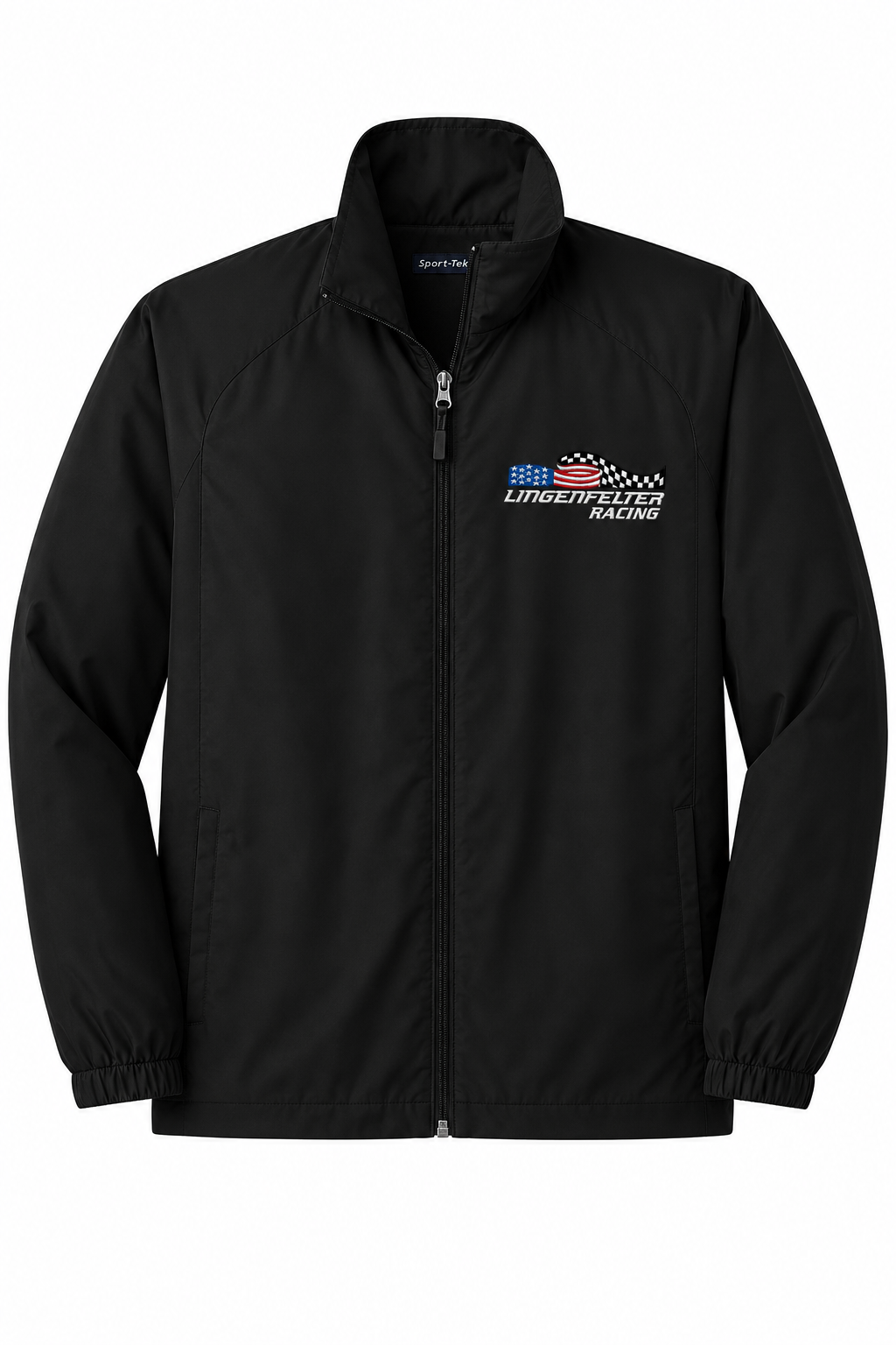 A black zip-up jacket with a stand-up collar, featuring a white and red 'Underfuel Racing' logo on the left chest, displayed on a solid white background.