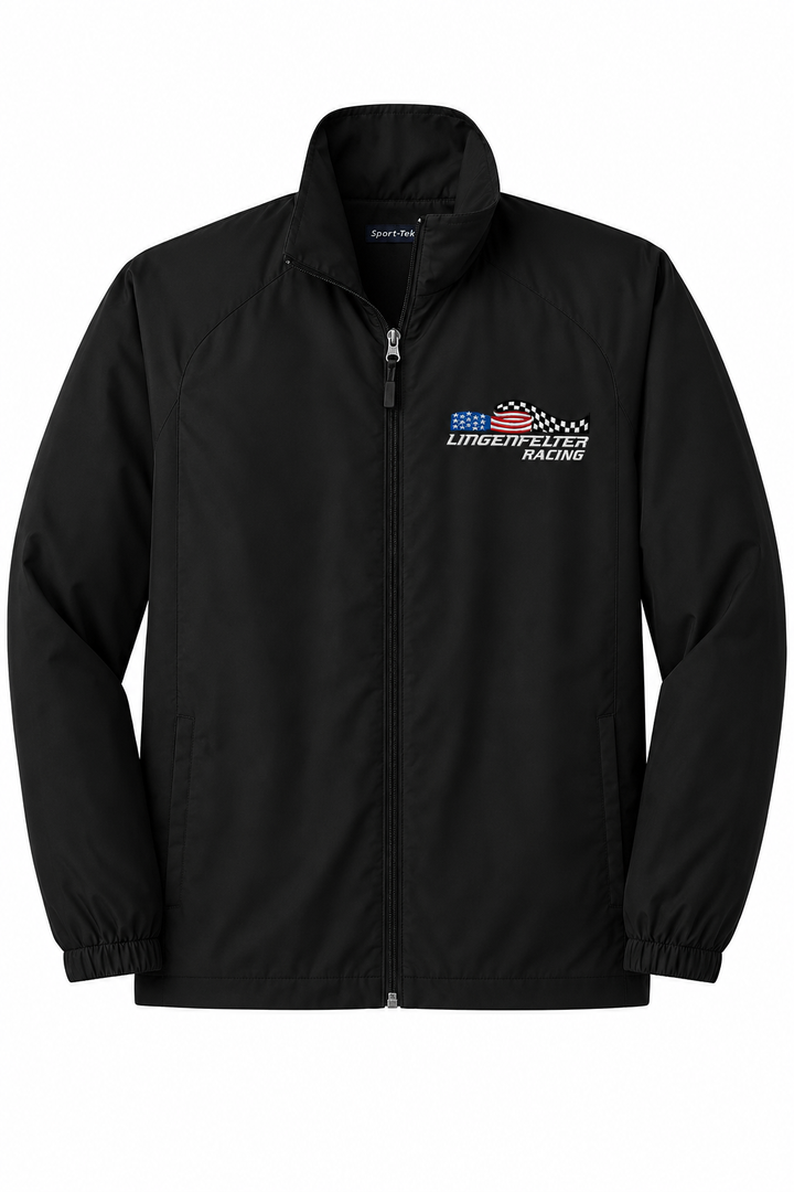 A black zip-up jacket with a stand-up collar, featuring a white and red 'Underfuel Racing' logo on the left chest, displayed on a solid white background.