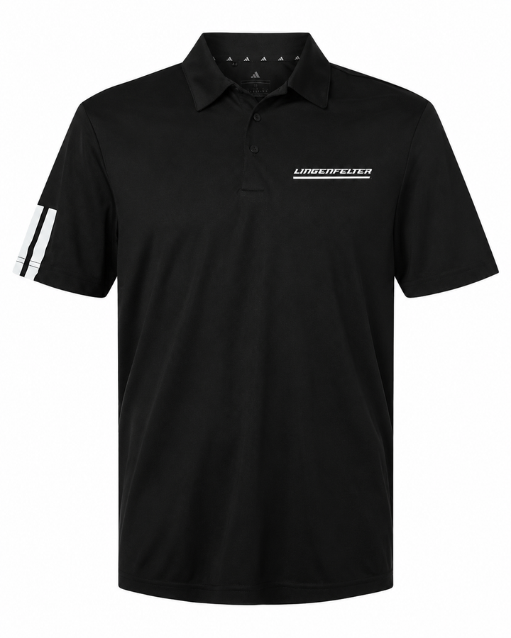 lingenfelter adidas black polo with white logo and white stripes on sleeve