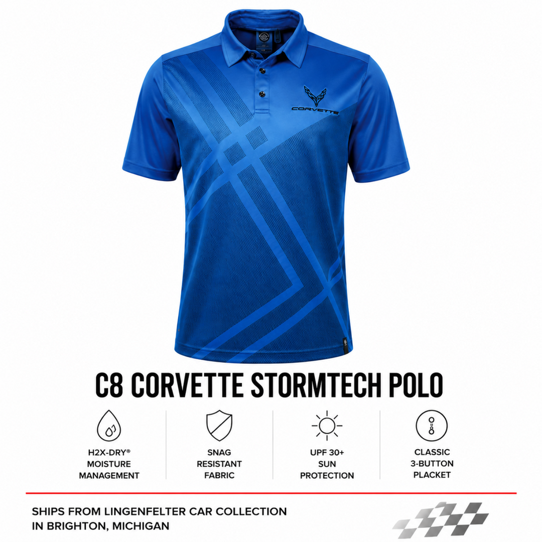 Blue C8 Corvette Men's Stormtech Polo shirt on a white background