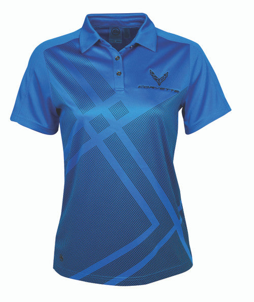Blue polo shirt with geometric pattern on a white background