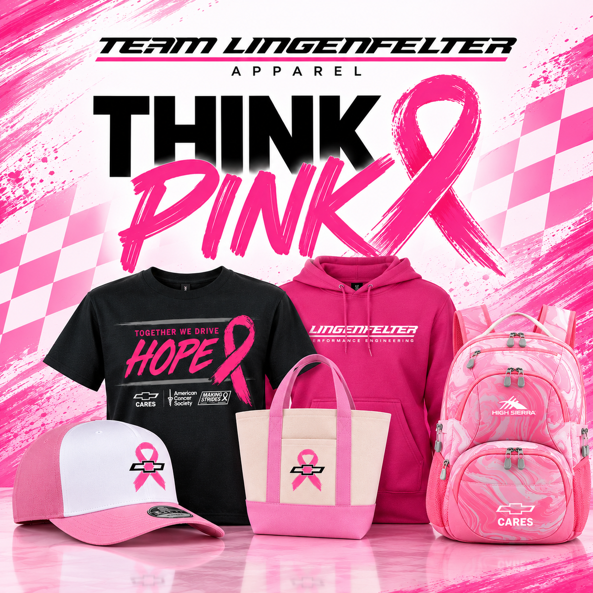 A promotional product collage for Team Lingenfelter Apparel featuring pink and black awareness-themed merchandise: a black T-shirt with pink 'HOPE' text, a pink hoodie, a pink backpack, a pink-and-white baseball cap, and a pink-and-beige tote bag, all arranged against a pink graphic background with the text 'THINK PINK' and 'TEAM LINGENFELTER APPAREL'.