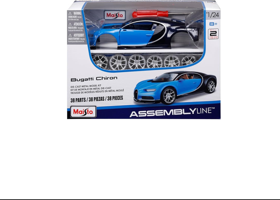 Model car kit packaging for Bugatti Chiron with Maisto branding on a white background