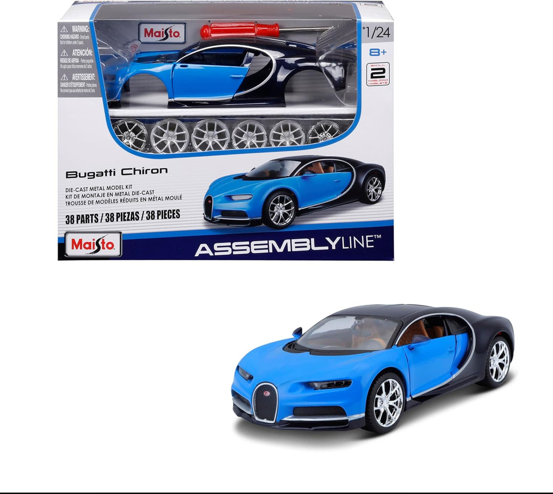 Blue Bugatti Chiron model car in front of its assembly box
