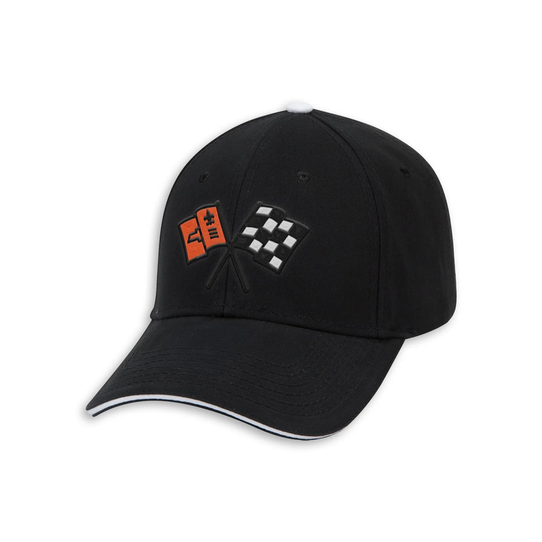 c2 corvette A black baseball cap featuring embroidered checkered and racing flags on the front, with a white piping accent along the edge of the curved brim.