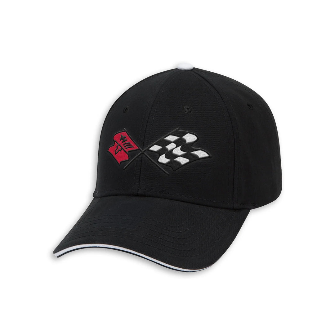 C3 corvette hat A black baseball cap featuring embroidered racing flags on the front panel, with a white piping accent along the edge of the curved brim.