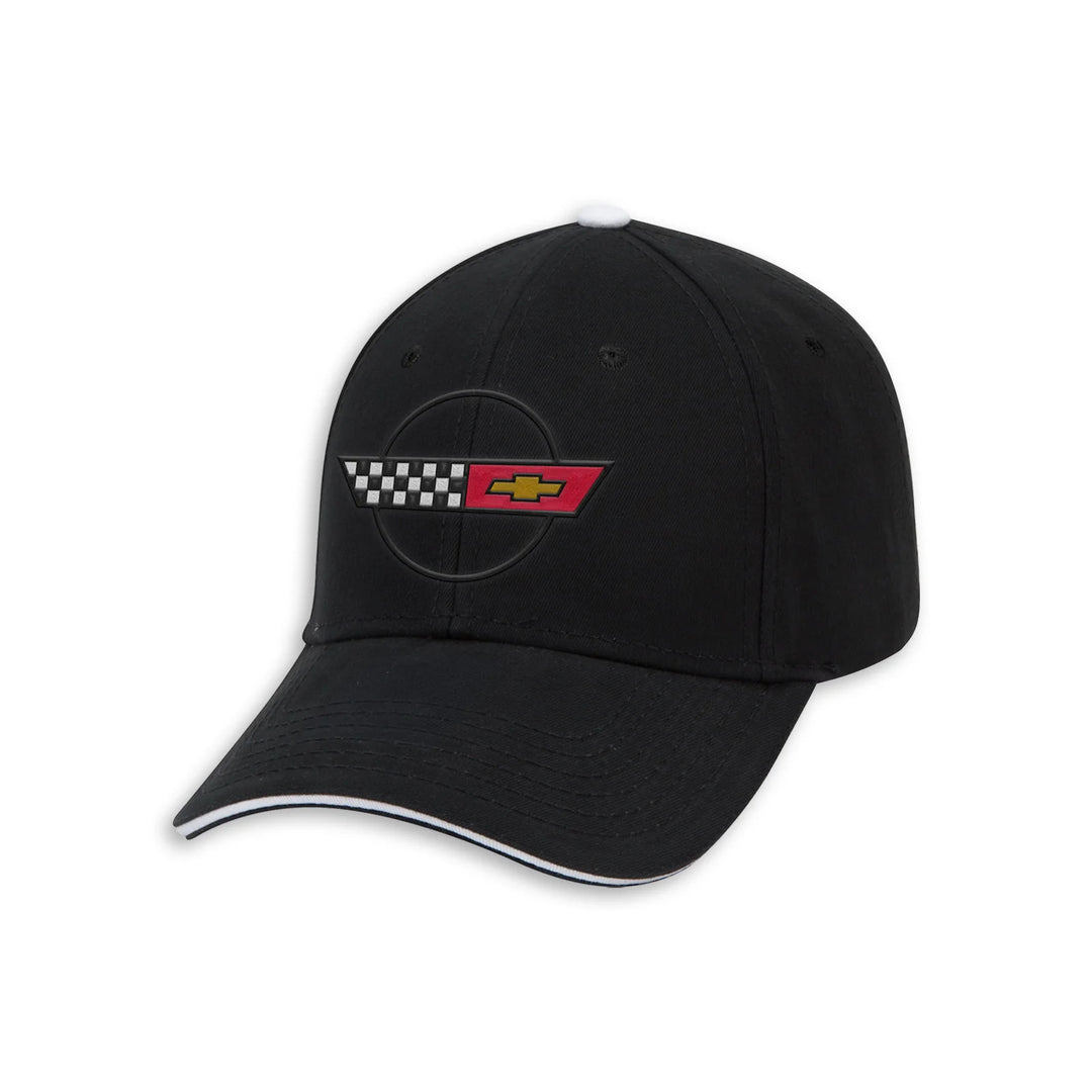 c4 corvette hat A black baseball cap featuring a Chevrolet logo patch on the front, with a white brim edge and a white top button, shown against a plain white background.