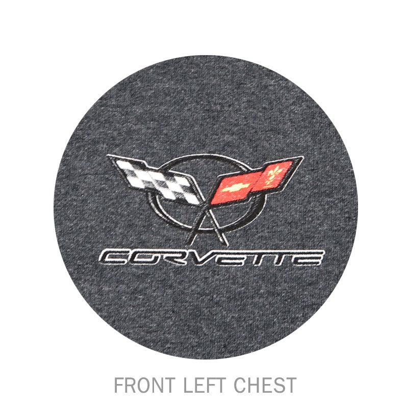Front view of a men's C5 Corvette American Flag T-Shirt by Team Lingenfelter, featuring a bold Corvette logo and American flag design.