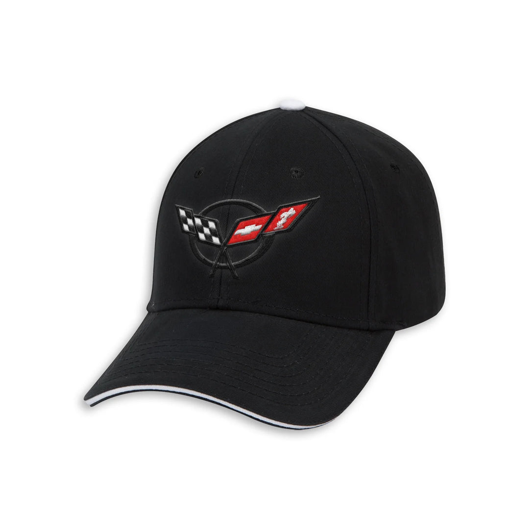 c5 corvette A black baseball cap featuring an embroidered Corvette logo on the front, with a white piping accent along the edge of the curved brim, set against a plain white background.