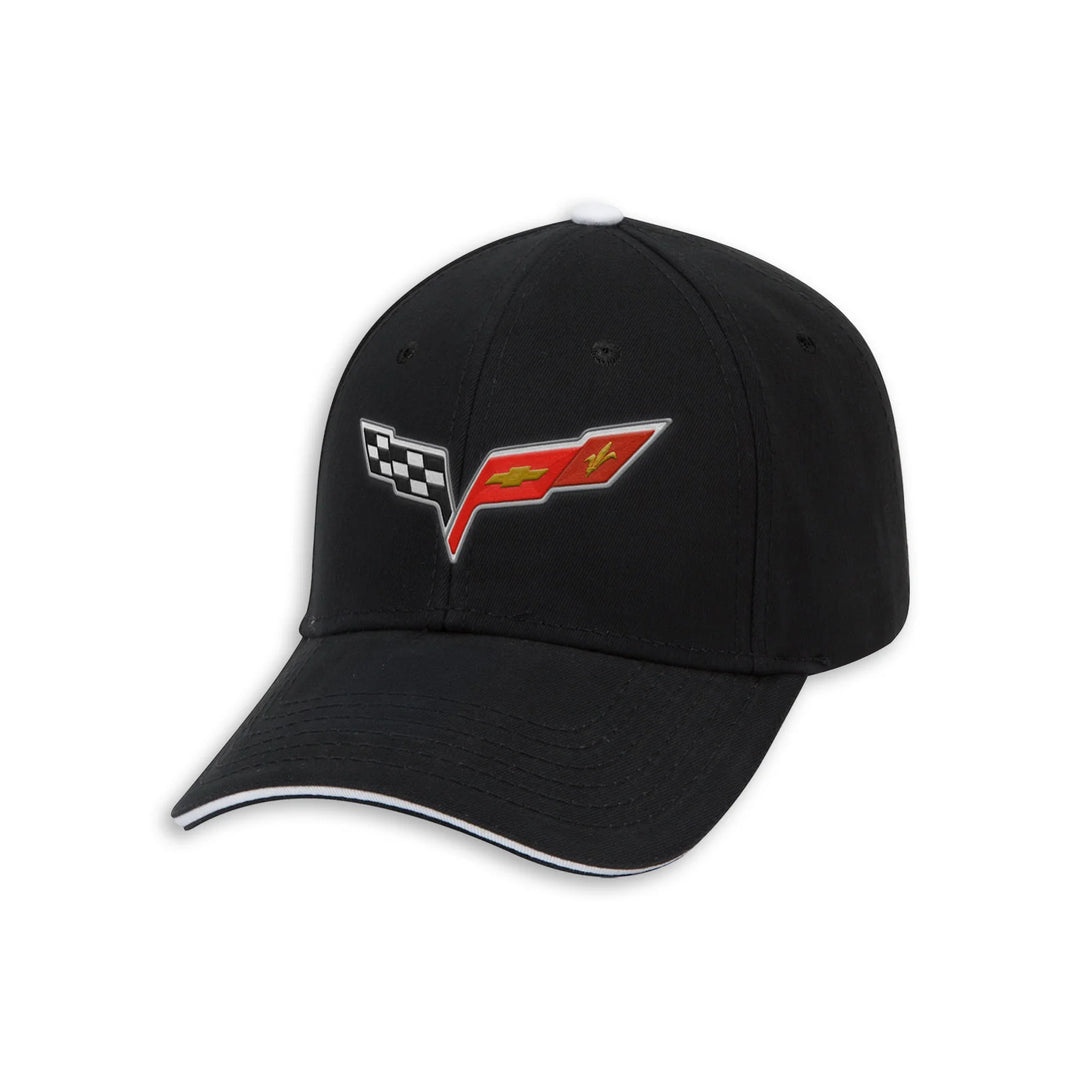 c6 corvette hat A black baseball cap featuring an embroidered Corvette logo on the front, with a checkered flag motif and a red chevron. The cap has a white piping accent along the edge of the curved brim, set against a plain white background.