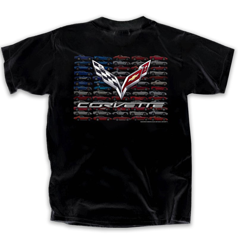 Black men's T-shirt featuring C7 Corvette flag graphic, made by Team Lingenfelter, casual automotive-themed clothing.