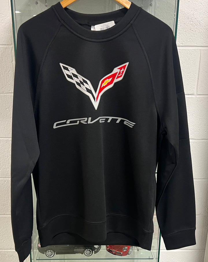 c8 corvette men's black crew sweatshirt.  poly blend on hanger against white wall