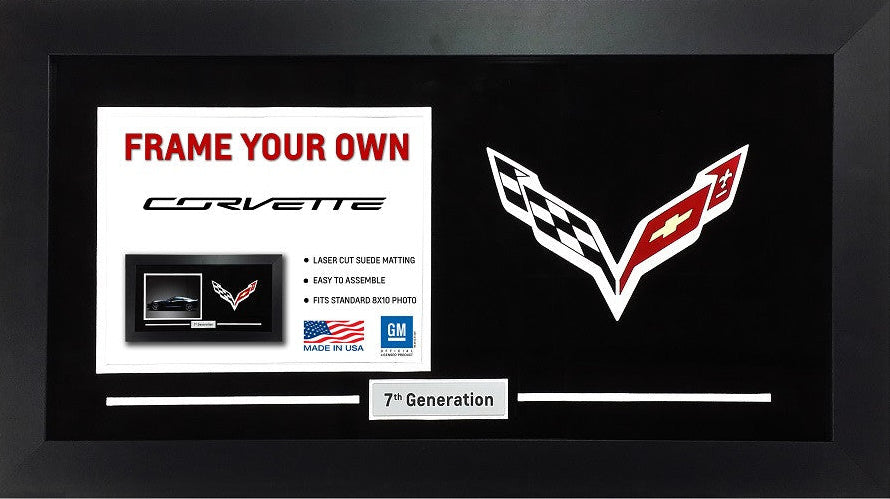 A framed Corvette 7th Generation custom photo frame template on a black background, featuring the Corvette logo and text for custom laser-cut slide matting and photo insertion.