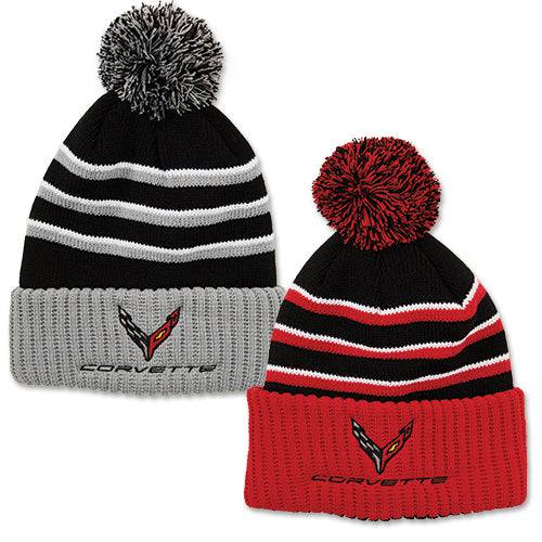 Lingenfelter Race Gear C8 Corvette beanie hat with pom, soft knit fabric and embroidered Corvette logo for stylish warmth.