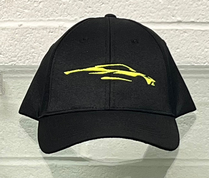 C8 corvette accelerate black hat yellow logo on white background