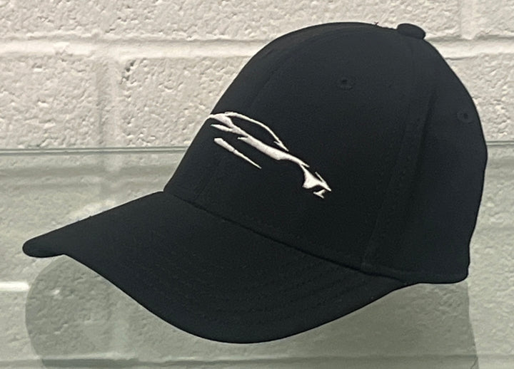 c8 corvette gesture black hat with silver logo against white wall