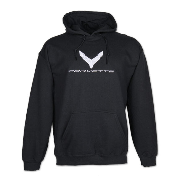 C8 Corvette Black Unisex Gildan hoodie with light silver winged logo and Corvette TEXT. 