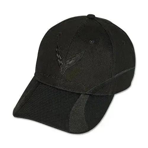 Black tonal C8 Corvette hat by Lingenfelter Race Gear, featuring embroidered Corvette logo and adjustable strap.