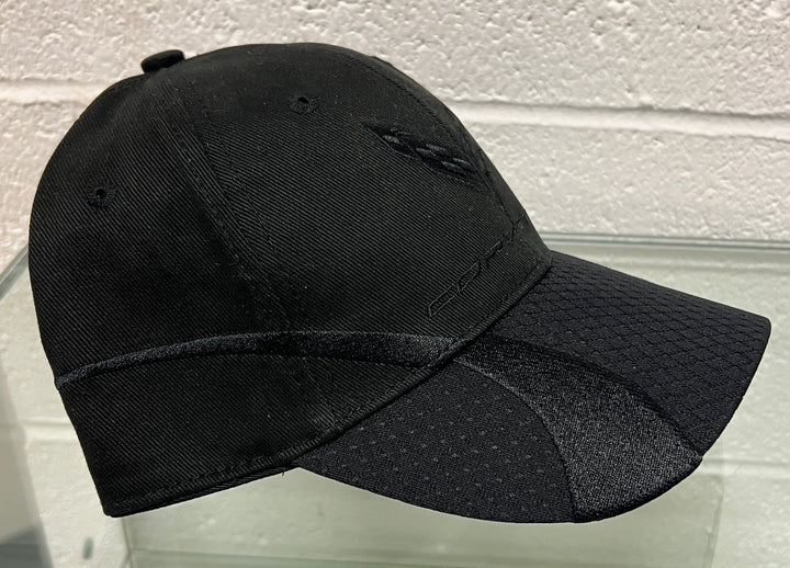 Lingenfelter Race Gear black tonal C8 Corvette hat shown from the side, featuring embroidered Corvette logo and sporty design.