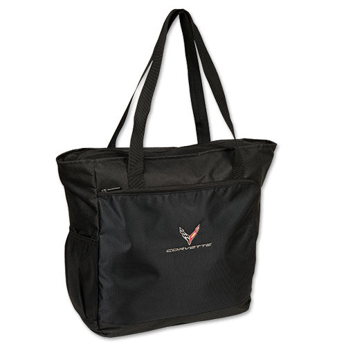 Team Lingenfelter C8 Corvette Port City tote bag with city skyline print, durable fabric, and sturdy handles.