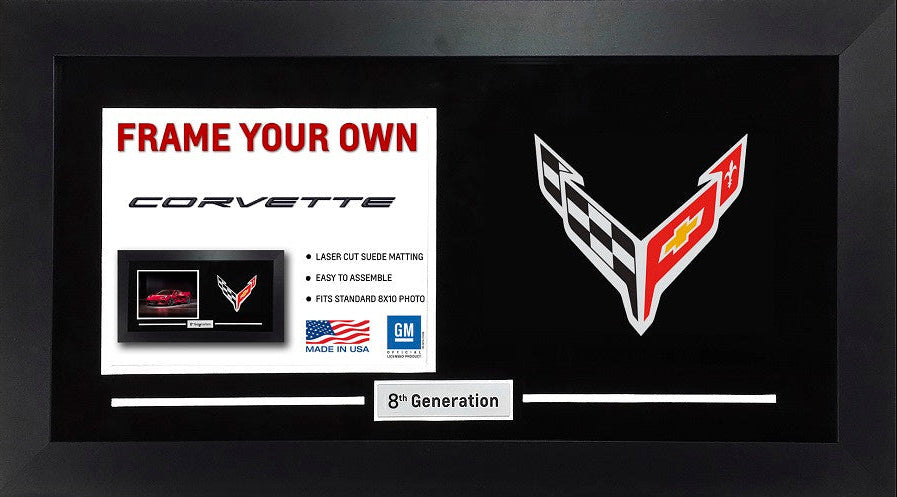 A framed Corvette-branded mat and sign set on a black background, showing a white insert with red text reading 'FRAME YOUR OWN CORVETTE,' a small inset photo example, the Corvette VLT logo, and a label reading '8th Generation.'.