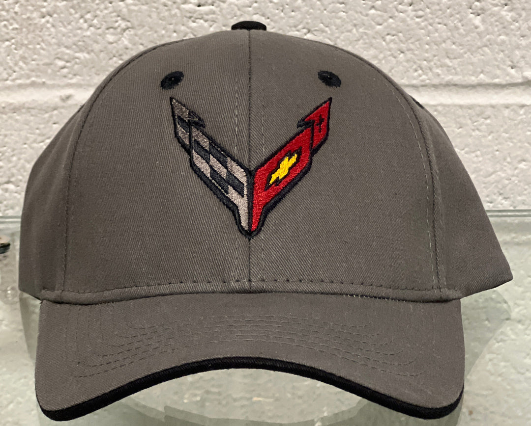 C8 corvette heritage gray hat black trim white wall background
