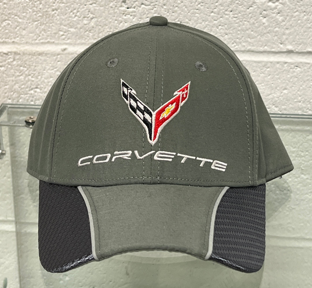 Front view of a C8 Corvette carbon fiber hat by Lingenfelter Race Gear, featuring a sleek design and logo embroidery.