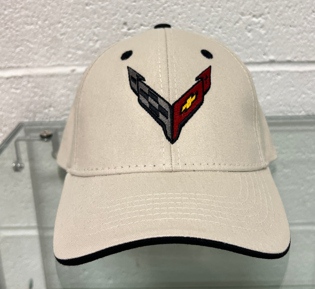 Corvette C8 Heritage tan cap, men's accessory, stylish hat with embroidered Corvette logo and adjustable strap, casual and sporty style.