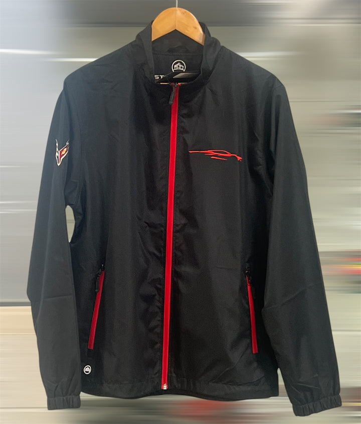 Lingenfelter Race Gear C8 Corvette men's circuit jacket in black, lightweight with racing-inspired design and logo details.