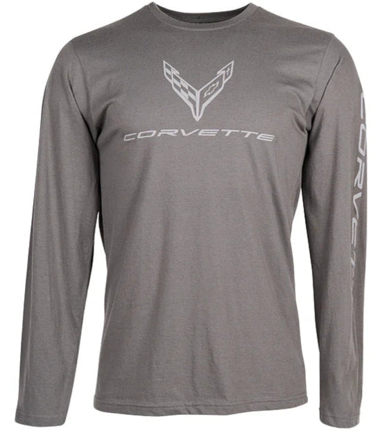 Lingenfelter Race Gear men's long sleeve grey T-shirt featuring C8 Corvette logo, casual clothing for car enthusiasts.