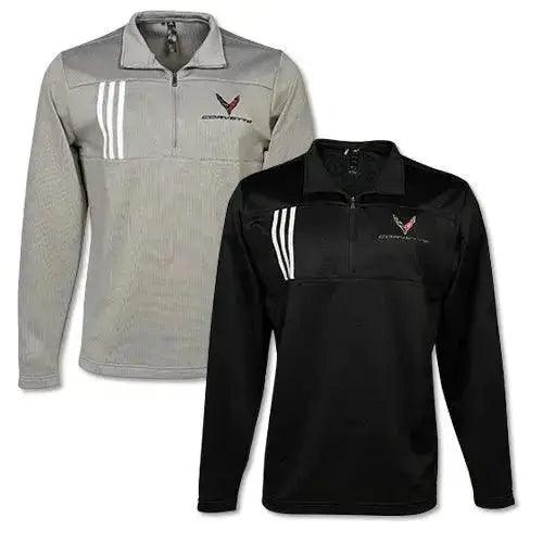 Lingenfelter Race Gear men's Adidas C8 Corvette quarter zip pullover, blue activewear top with Corvette logo detail.